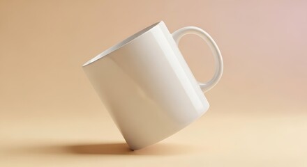A pristine white mug is angled slightly to the left, casting a subtle shadow on a warm, beige background