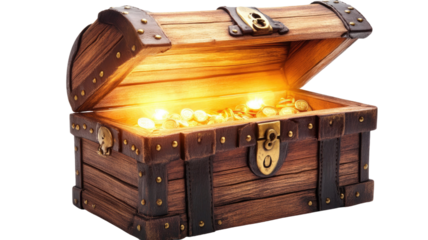 Open wooden chest filled with gold coins and antique treasures showing rich vintage detail and texture isolated on white background