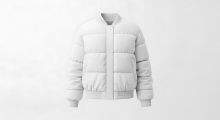 A pristine white, puffy bomber jacket isolated against a soft white gradient background, exhibiting a clean, modern aesthetic