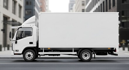 A side view of a small white delivery truck parked on a city street. The truck's cargo area is blank. Buildings are in the background
