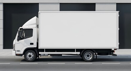 A side view of a white commercial box truck parked on a street with a neutral background of buildings. The vehicle is clean and pristine