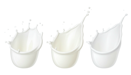 Three separate splashes of creamy white milk on black backdrop