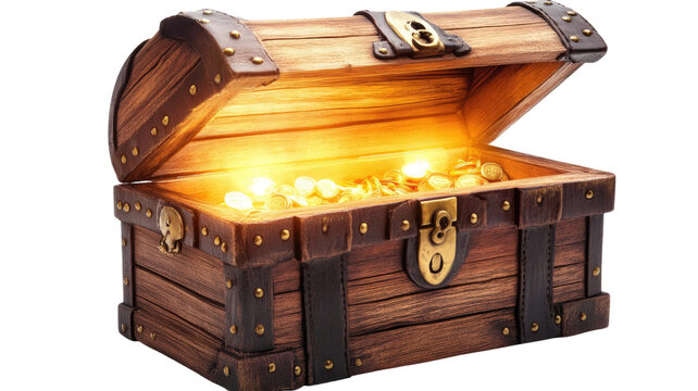Open wooden chest filled with gold coins and antique treasures showing rich vintage detail and texture isolated on white background