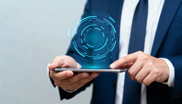 Businessman and holographic digital interface, technology and future concept