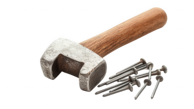 Vintage hammer with wooden handle and pile of nails on transparent background - Powered by Adobe