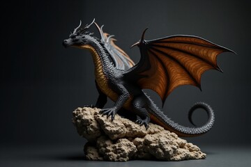 Obraz premium A detailed, dark dragon with orange accents perches atop a rocky outcrop against a moody background.