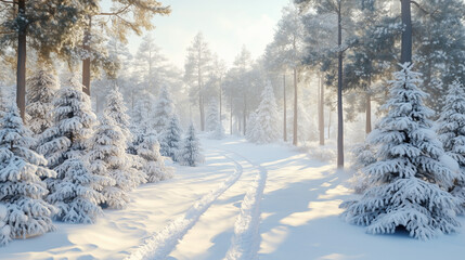 Fototapeta premium Winter forest landscape with snow-covered trees and sunlight 