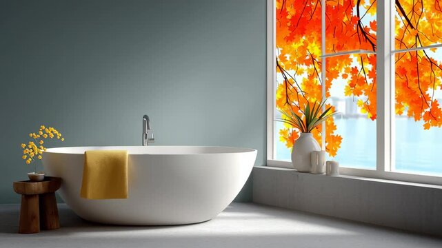 Elegant freestanding bathtub adorned with a yellow towel and surrounded by decorative elements, framed by vibrant autumn foliage outside the window, showcasing serene bathroom ambiance, camera pans sl