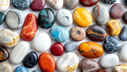 Polished stone collection, various colors and patterns, forms a visually pleasing and textured arrangement