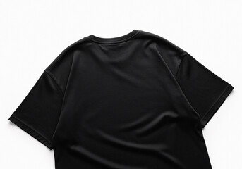 Plain Black Oversized T-shirt Template, Detail of Crew Neck and Fabric Texture, Isolated on White