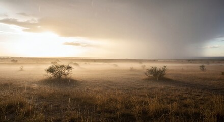 Expansive grassland under a dramatic sky, sun breaking through heavy rain