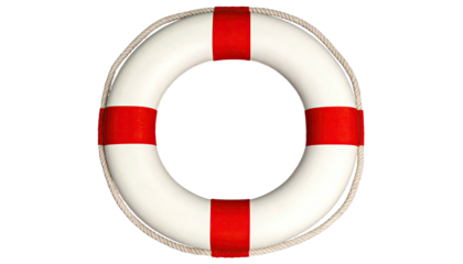 White life preserver with red stripes on black background