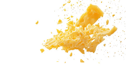 Freshly grated cheddar cheese with rich yellow color and soft shredded texture perfect for cooking and recipes isolated on white background