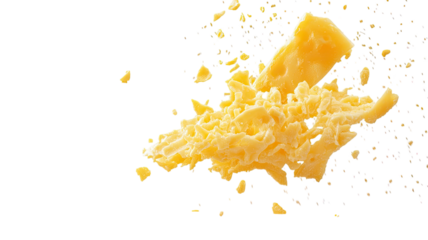 Freshly grated cheddar cheese with rich yellow color and soft shredded texture perfect for cooking and recipes isolated on white background