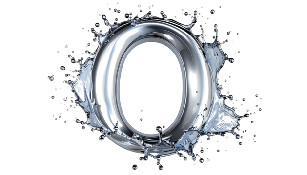 Silver "O" surrounded by splashing water, black background