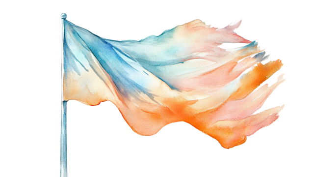 Vibrant watercolor painting of a national flag waving in the breeze with textured brush strokes isolated on white background