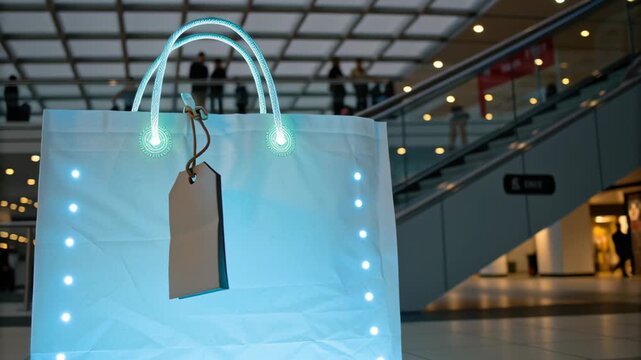 Coupon codes cyber monday. Large Glowing Shopping Bag with LED Lights Modern Mall Setting Creates Futuristic Retail Experience and Eye Catching