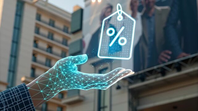 Coupon codes cyber monday. Digital Hand with Holographic Discount Tag in Urban Setting, Symbolizing Futuristic Shopping and Modern Retail Technology