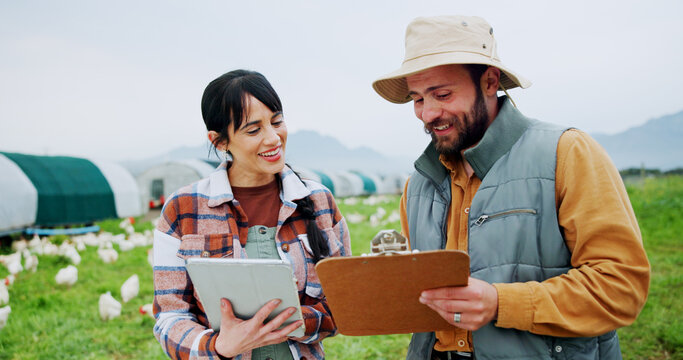 Tablet, chicken and farm with people, clipboard and inspection for agriculture and quality control. Feeding schedule, poultry monitoring and meeting with farmer team on countryside for egg records
