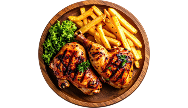 Plated chicken legs with fries and lettuce on wood