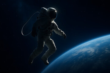 Fototapeta premium Astronaut Floating in the Cosmos: An astronaut, suspended weightlessly in the vast expanse of space, gazes at Earth, a beacon of home in the inky blackness, a symbol of human exploration.