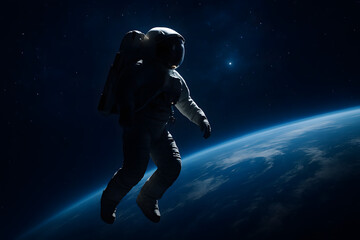 Fototapeta premium Astronaut in the Cosmic Ocean: A lone astronaut floats serenely against the canvas of the cosmos, gazing toward the distant celestial wonders. Exploring the infinite possibilities of space.