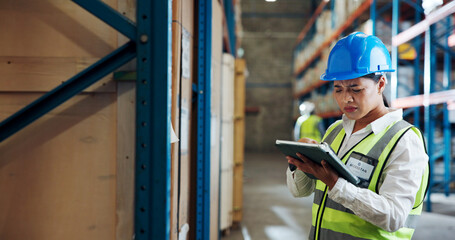 Confused woman, tablet and logistics with wrong stock, inventory or storage mistake in warehouse....