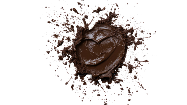 Brown wet mud splashes creating messy texture with rough soil pattern and natural earthy surface detail isolated on white background