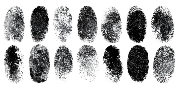 Set of black ink fingerprint marks on transparent background .fingerprint grunge texture abstract background .