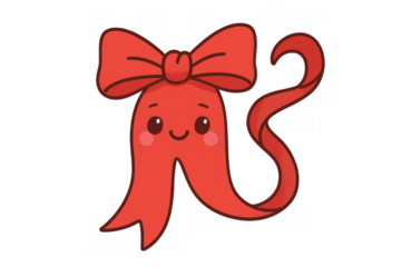 Red cartoon bow character with smiley face representing happiness and celebration on transparent background