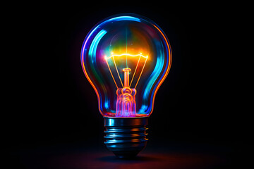 Illuminating Spark: The radiant glow of a vibrant light bulb against a deep black backdrop, a captivating visual metaphor for innovation, ideas, and creative thought.