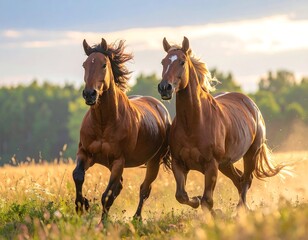 Obraz premium Two brown horses run in a golden field at sunset