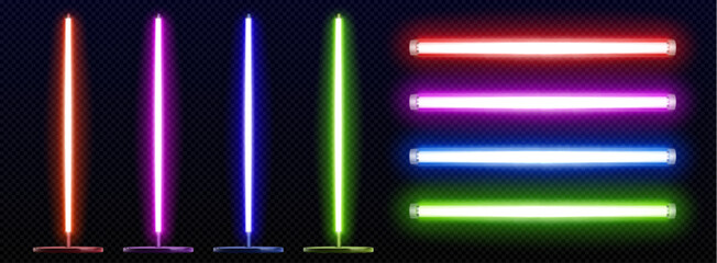 Led neon light strip collection in red, purple, blue and green colors on transparent background. Glowing tube lamps with vertical bars and horizontal fluorescent bulbs - bright illumination design.