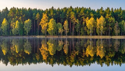 Fototapeta premium Golden Hour Forest Reflected in Calm Water on a Clear Summer Day