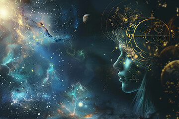 Abstract composition with concept of Virgo zodiac sign symbol, abstract vivid composition consists of fictional unreal fantastic vision on background