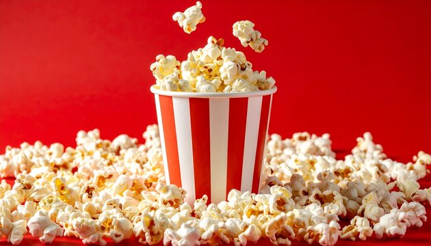 Popcorn overflowing from a red-striped container onto a red surface, with some popcorn pieces in mid-air - Powered by Adobe