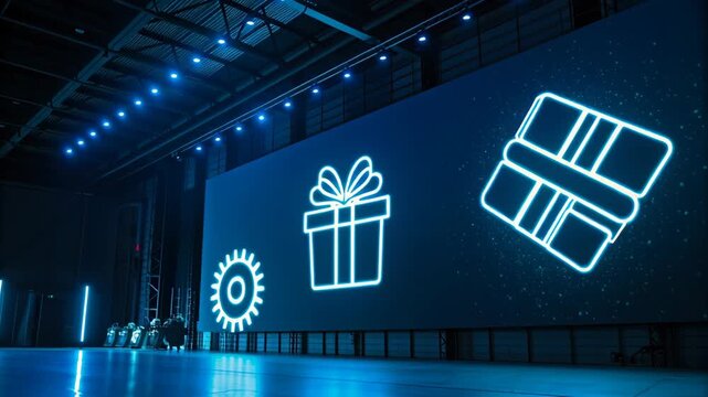 Coupon codes cyber monday. Large LED Screen Displaying Digital Icons in Modern, Dimly Lit Space with Futuristic, Sleek Technology Display