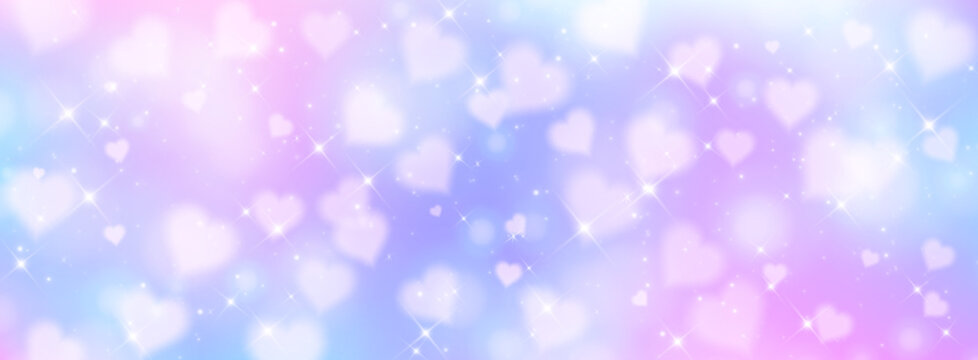 Unicorn bokeh background with heart pattern and sparkling stars on soft gradient. Cute pastel blue, pink and purple colors. Dreamy romantic atmosphere for fairy tale, fantasy or girly design wallpaper