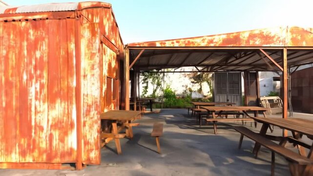 Rusty metal structure houses outdoor seating, featuring picnic tables, benches, and a blue sky backdrop