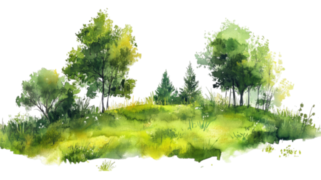 Beautiful summer landscape outdoor painting with green fields, blue sky, and bright natural scenery artwork isolated on white background