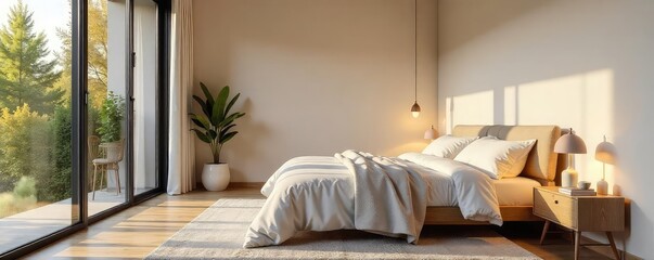 Serene bedroom designed for optimal sleep and relaxation Soft lighting, calming colors, natural materials, and minimalist decor create a peaceful sanctuary for wellness , peaceful, harmony