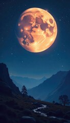 A majestic full moon dominates a dark, star-studded night sky, casting an ethereal glow on a distant, fantastical landscape Perfect for fantasy, sci-fi, and mystical themes , light, mountains, nebula