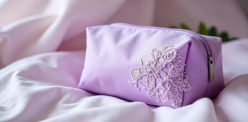 Elegant lavender lingerie bag, delicate lace detail, perfect for travel or storage Soft fabric, zipper closure, keeps delicate items safe and organized , lace, travel pouch, elegant
