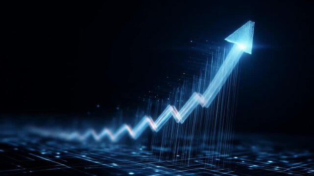 Luminous blue arrow rises along a jagged glowing line, dotted with sparkles and digital light. glowy