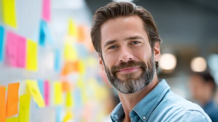 A diverse group of professionals brainstorms enthusiastically in a vibrant workspace. Colorful sticky notes adorn the walls as ideas flow freely during this collaborative session