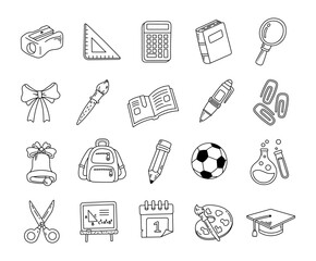 School set in outline line art education stationery and classroom learning objects with different study tools office equipment science sports and accessories for creative designs projects
