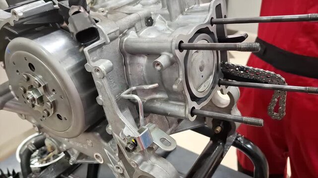 Automotive Mechanic Servicing and Inspecting Motorcycle Engine Components