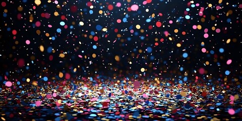 Colorful confetti falling on a bright stage during a lively celebration event at night