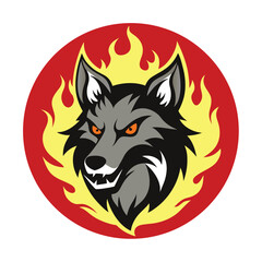 Fierce Wolf Head Mascot Logo Design with Flames Inside Red Circle Vector Artwork.