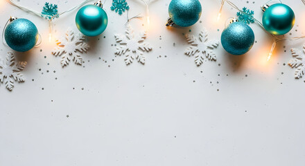Refreshing holiday flatlay featuring teal and turquoise baubles with twinkling lights and subtle confetti ideal for modern seasonal campaigns, boutique gift guides, and festive social posts with a con